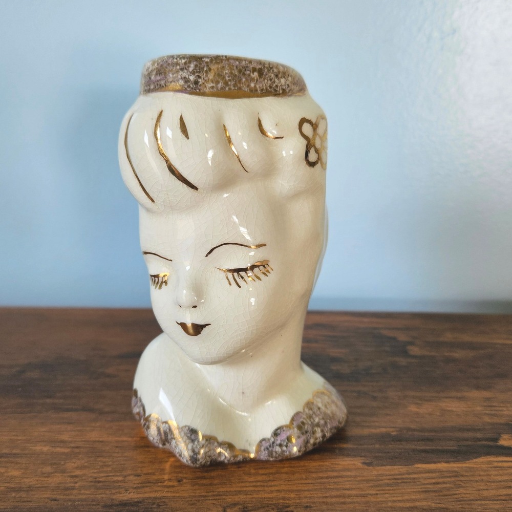 Vintage 40s 50s Handmade Ceramic Lady Woman Bust Head Hat Pin Holder Gold